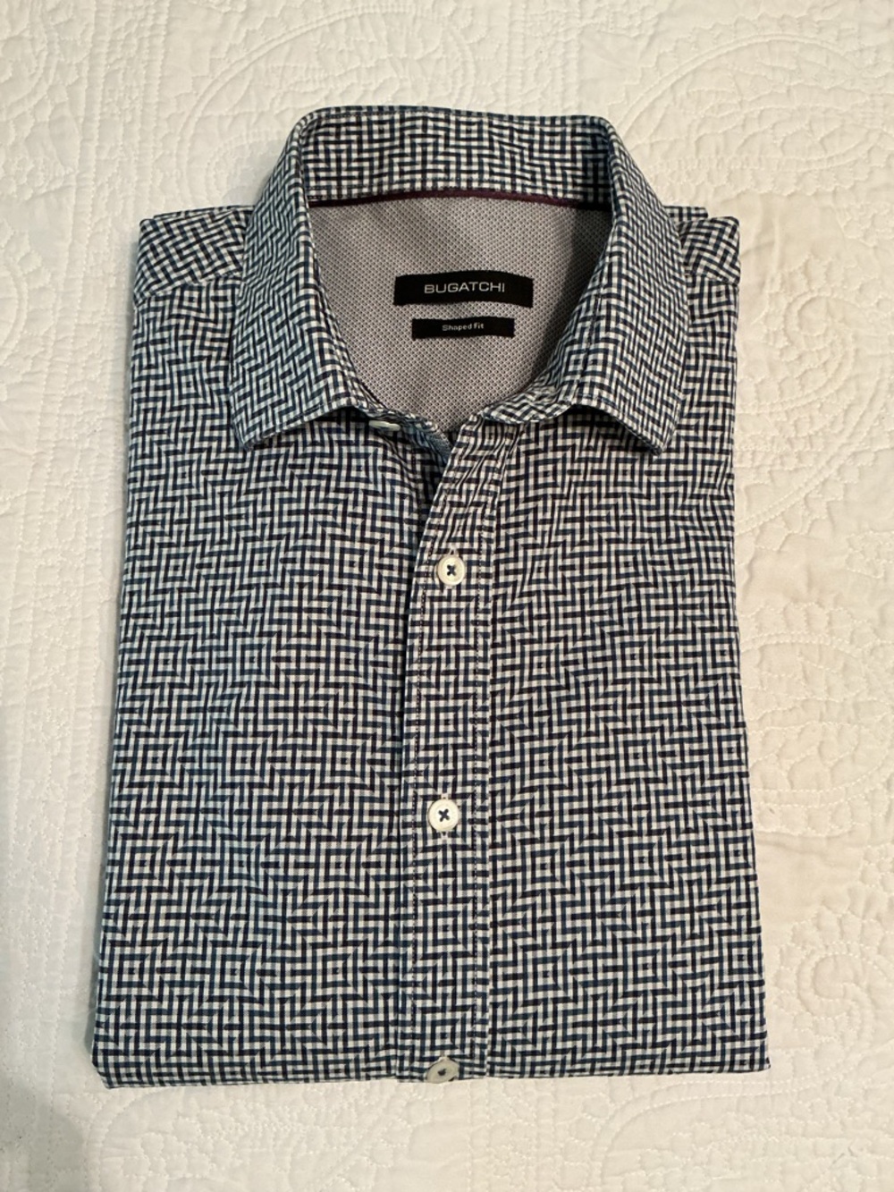 Bugatchi Men's M Shaped Fit Navy, Blue & White Geometric Print Button Down Shirt